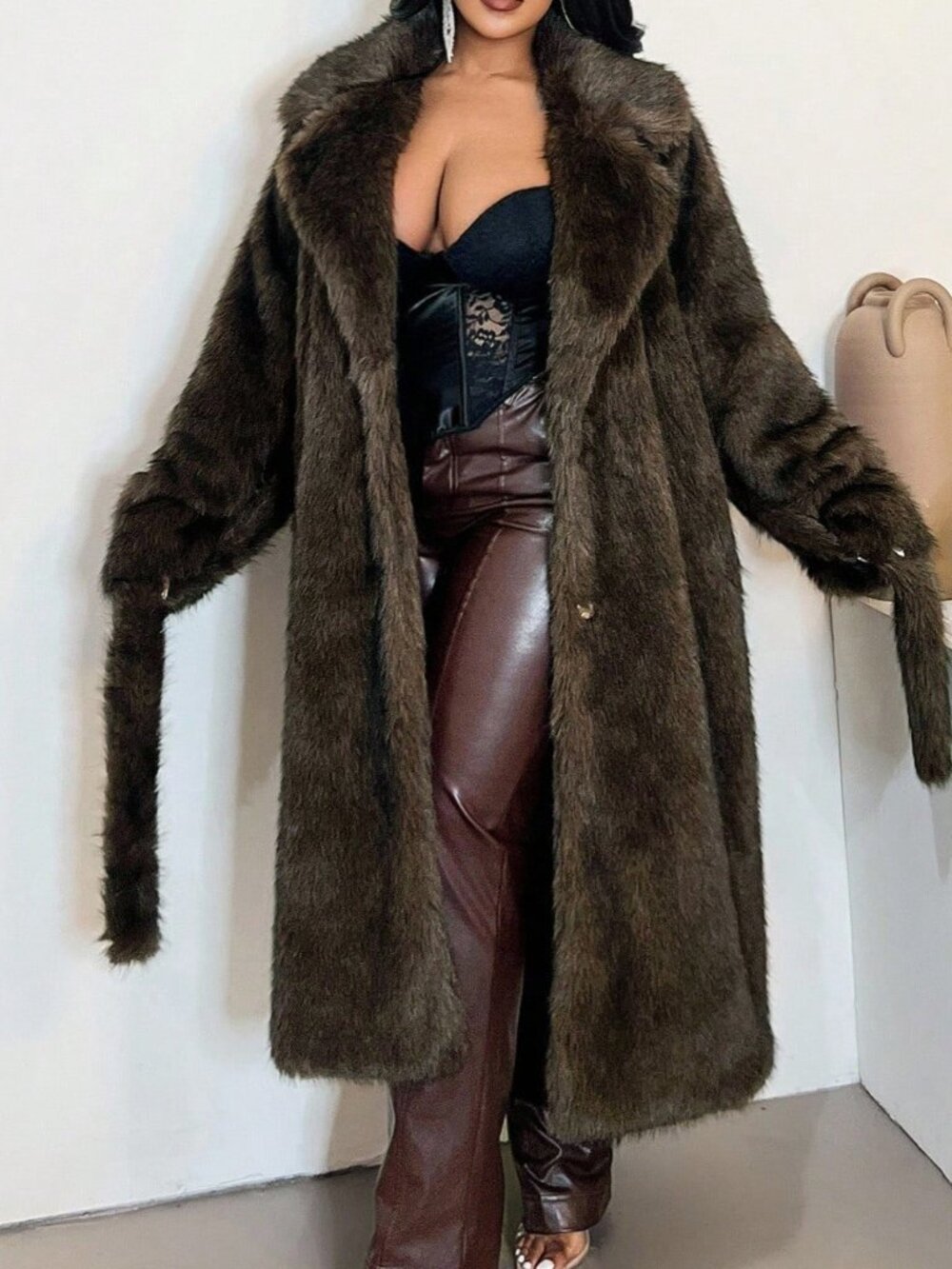 Coffee Brown Loose Women's Elegant Fuzzy Belted Lapel Long Sleeve Maxi Coat